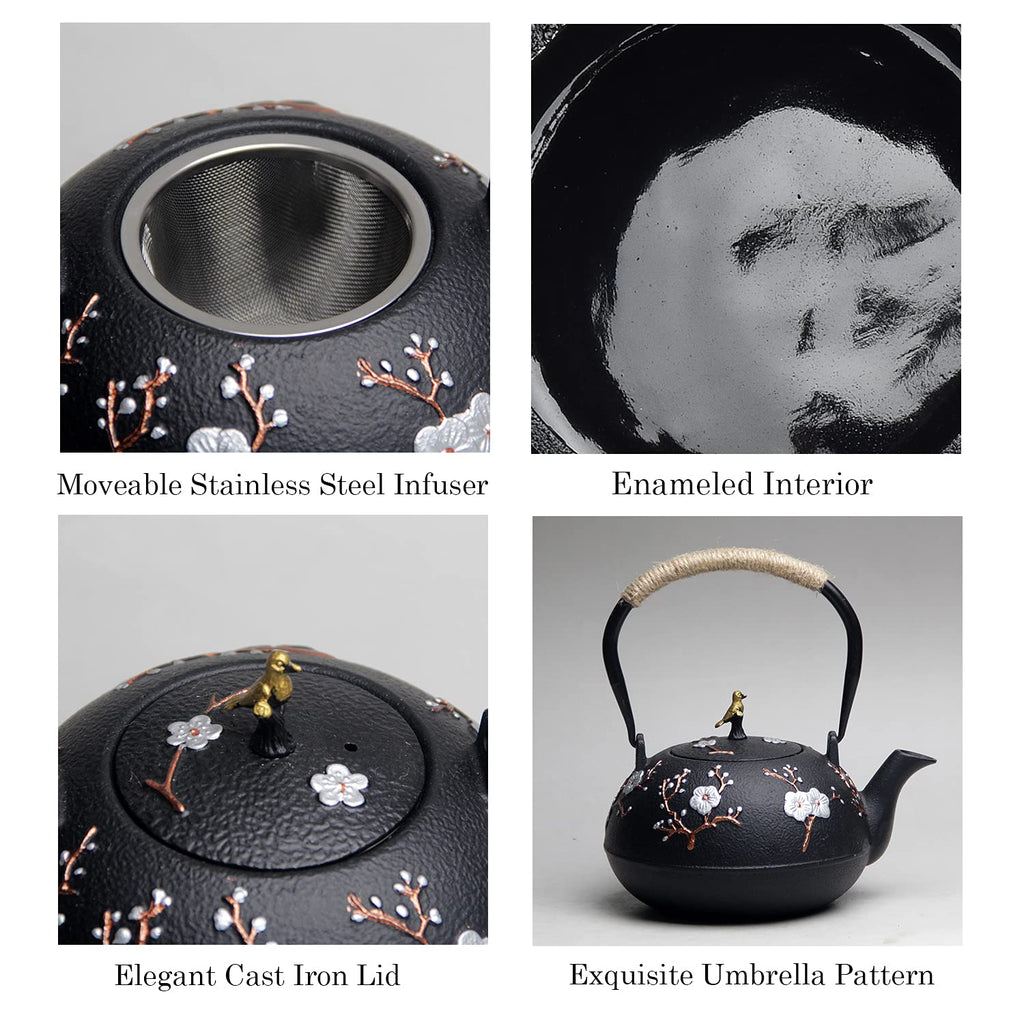 Cast Iron Teapot SECHUDO Teapot for Stovetop Safe Coated with Enameled Interior,Japanese Beautiful Tea Kettle with Stainless Steel Infuser for Loose Tea (40.6oz/1200ml)