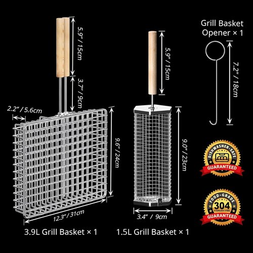Ivtivfu Grill Basket Set - 304 Stainless Steel BBQ Tools with Removable Wooden Handle | Perfect for Vegetables & Fish