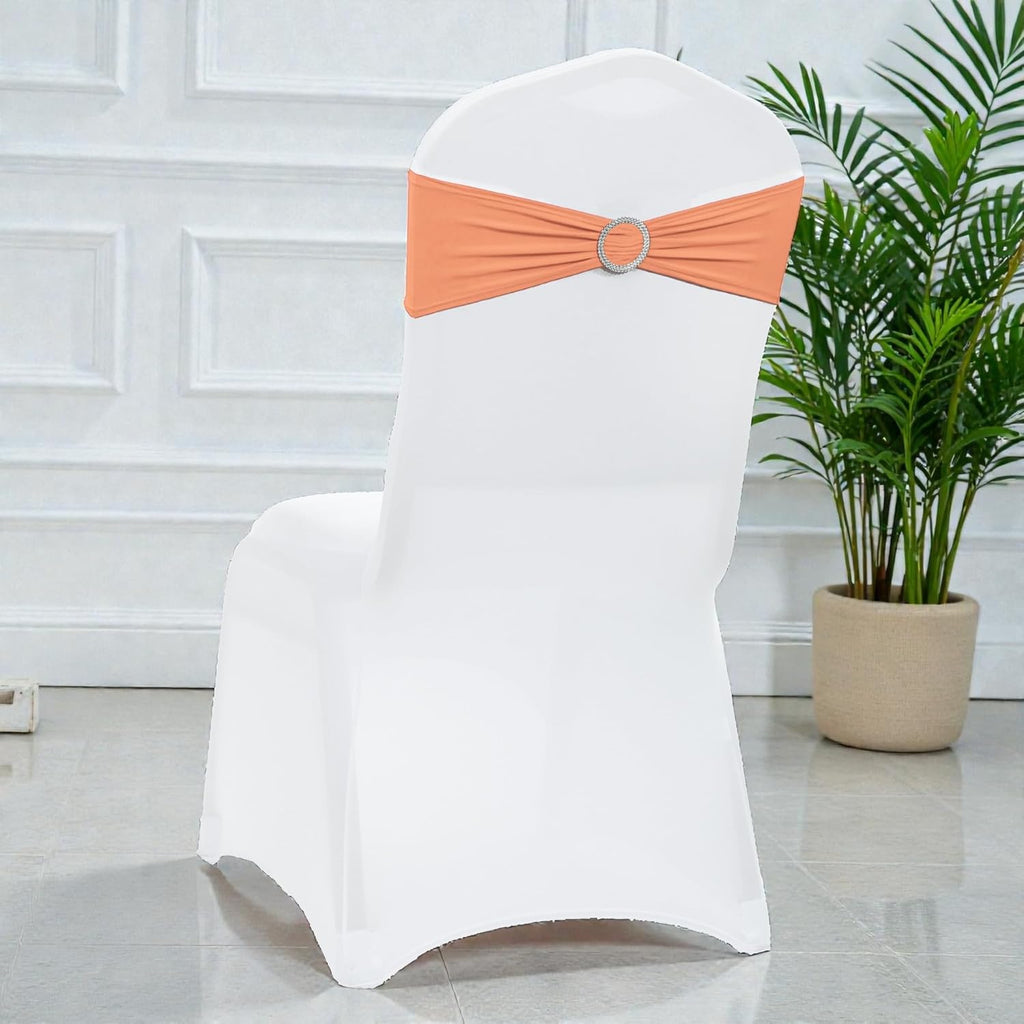 MDS Spandex Chair Sashes - Premium Stretch Covers with Buckle Slider | Universal Fit for Weddings & Events - Peach (Pack of 100)