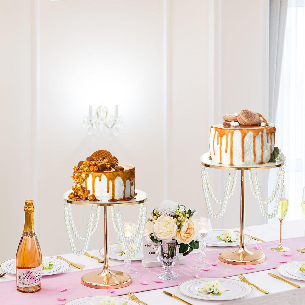 kolnlala Set of 6 Gold Round Pearl Cake Stand, Dessert Table Metal Cake Display Stand Set with Pearl Pendant Wedding Birthday Cake Base Stand for Wedding Anniversary Birthday Party Celebration