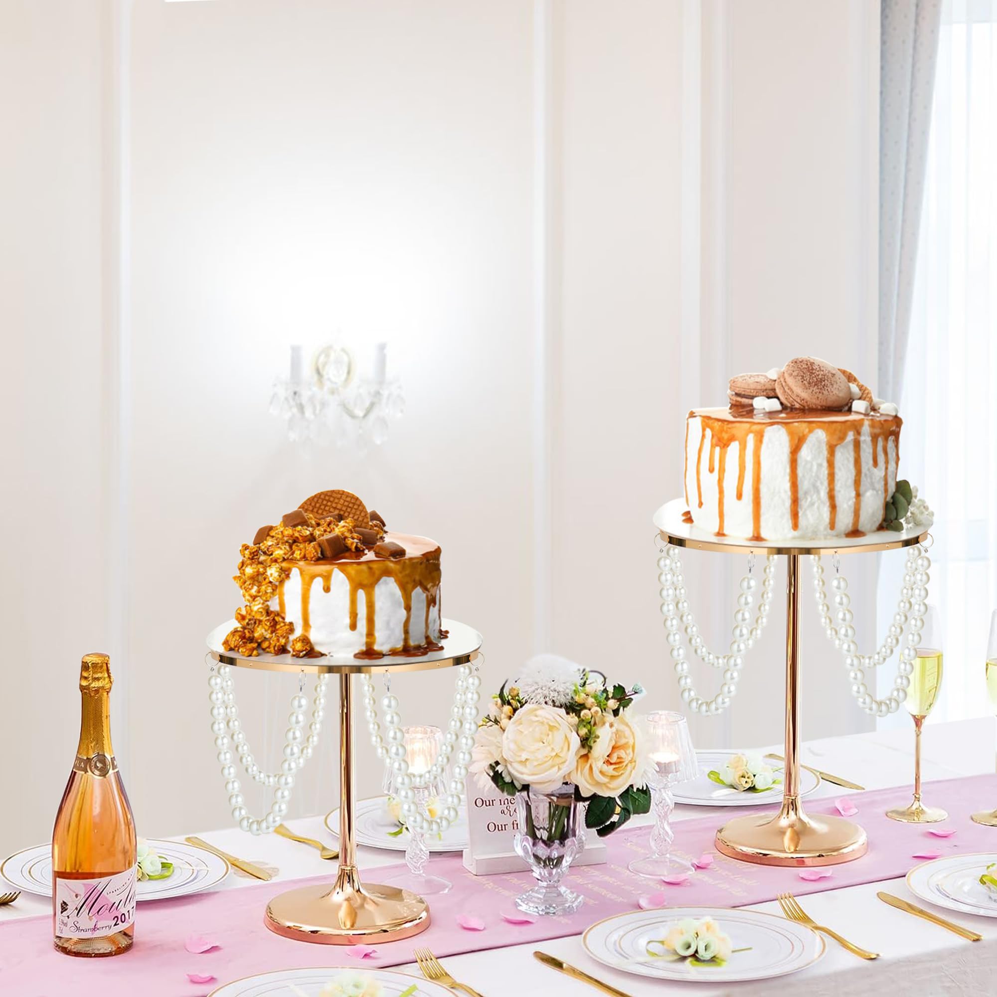 kolnlala Set of 6 Gold Round Pearl Cake Stand, Dessert Table Metal Cake Display Stand Set with Pearl Pendant Wedding Birthday Cake Base Stand for Wedding Anniversary Birthday Party Celebration