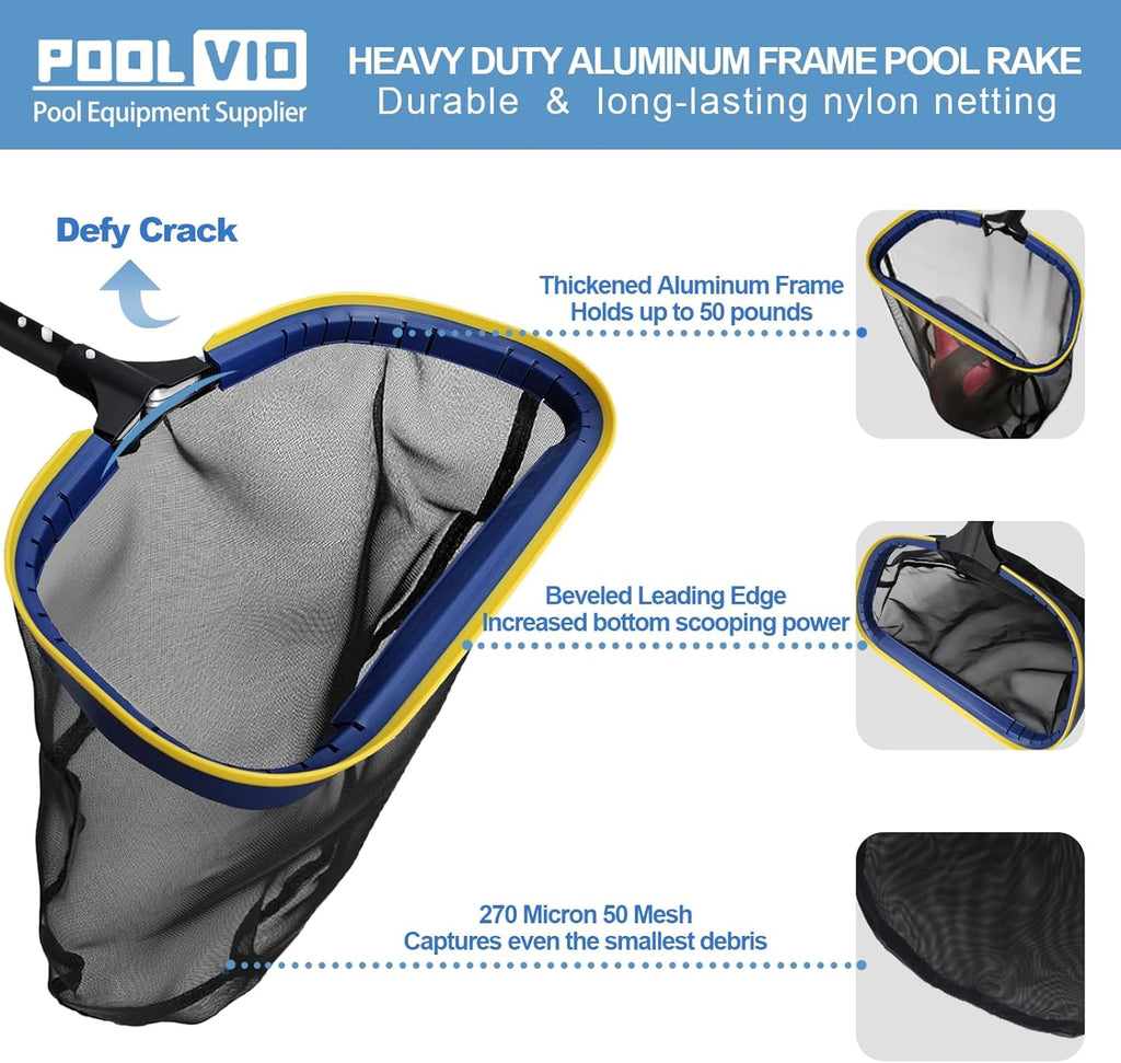 Poolvio 5-in-1 Pool Cleaning Kit - Semi-Deep Skimmer, Aluminum Leaf Rake & 20' Brush with 13' Pole