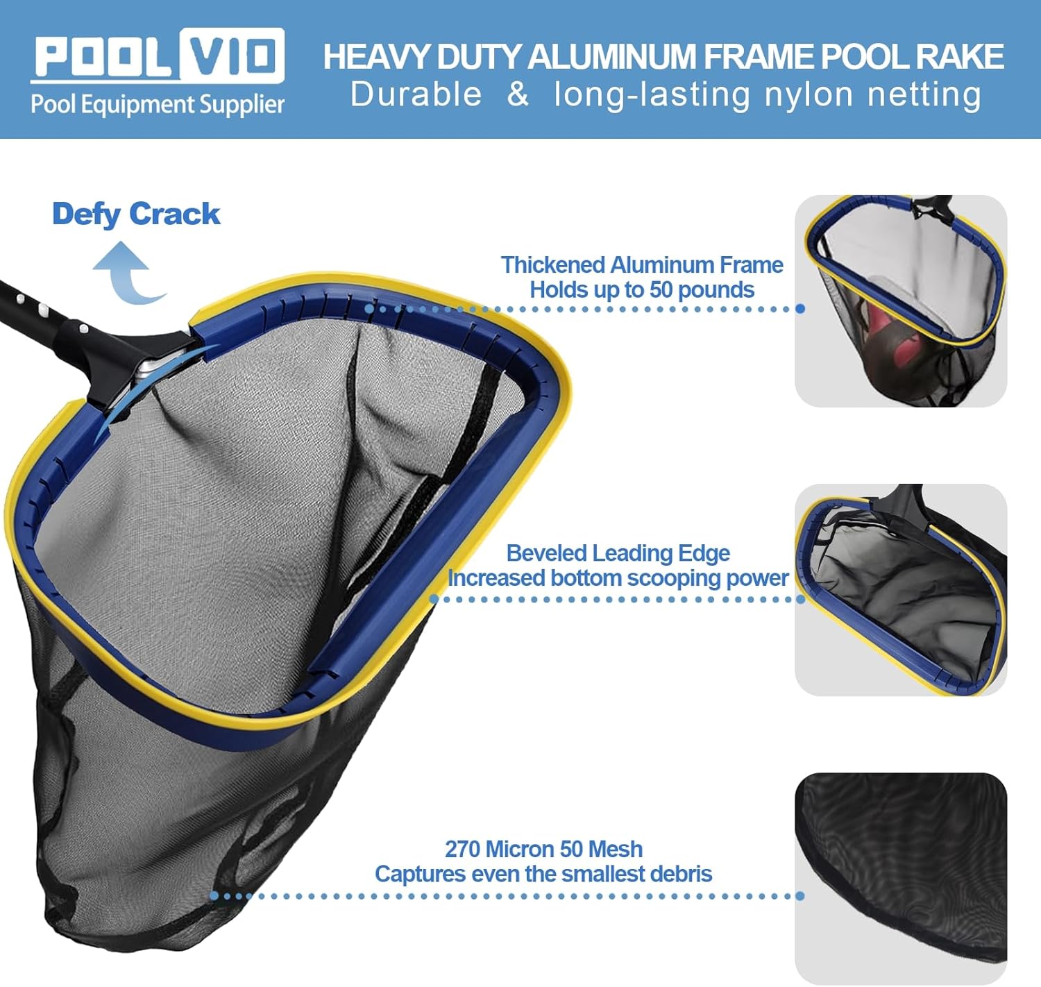 Poolvio 5-in-1 Pool Cleaning Kit - Semi-Deep Skimmer, Aluminum Leaf Rake & 20' Brush with 13' Pole