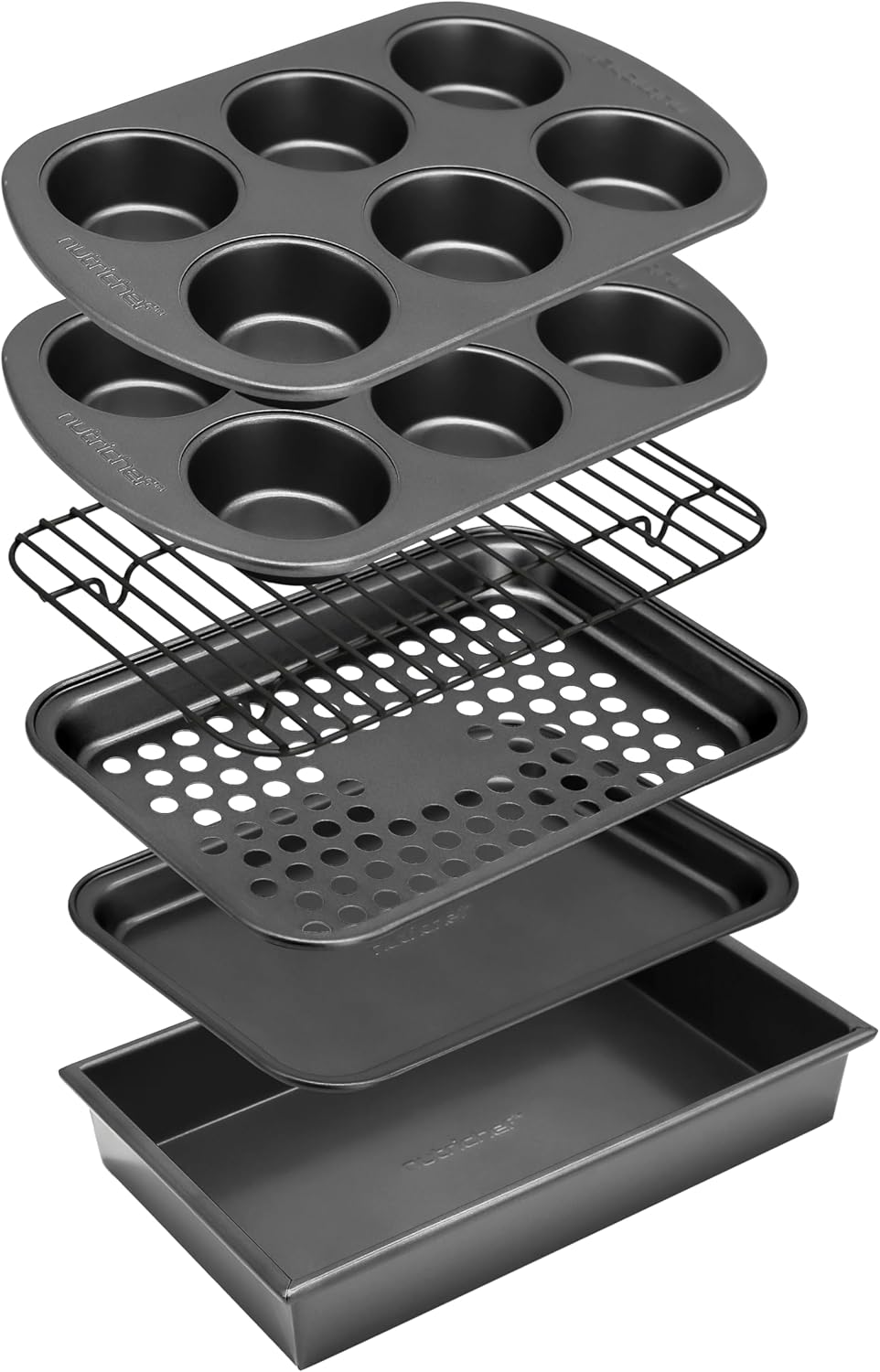 NutriChef 6-Piece Toaster Oven Bakeware Set - Non-Stick, Stackable Carbon Steel Pans & Muffin Trays