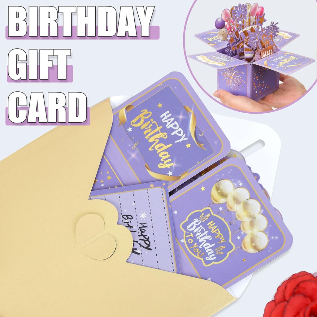 Surprise Pop Up Birthday Cards - Unique 3D Handmade Greeting Card for Adults & Kids | Purple Design