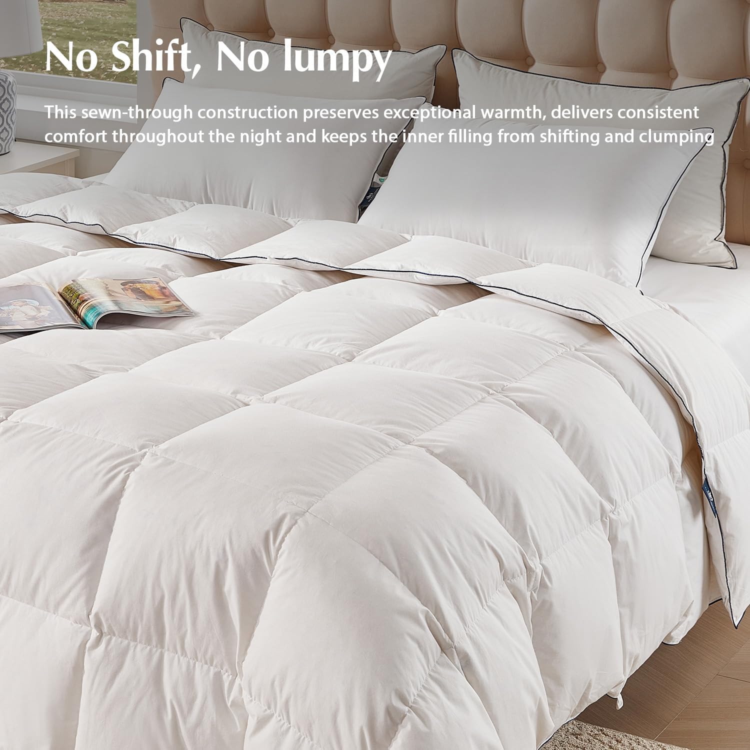 Pacific Coast Goose Down Comforter - Extra Fluffy White Duvet Insert | Queen Size, Soft & Breathable All-Season Luxury Bedding (90"x90")