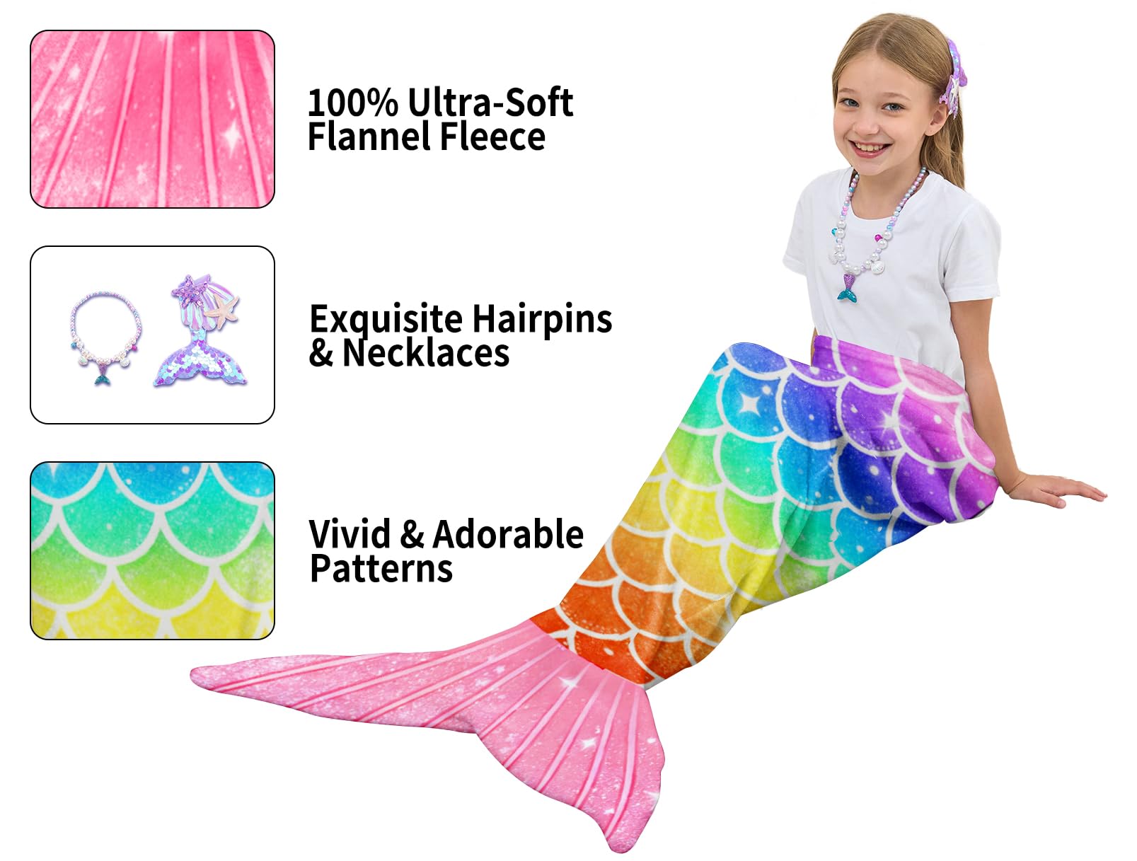 NikNio Mermaid Tail Blanket for Girls Soft Flannel Wearable Blanket Sleeping Snuggle Kids Christmas Gift Ideal 3-4 4-6 7-8 10-12 Rainbow Pattern