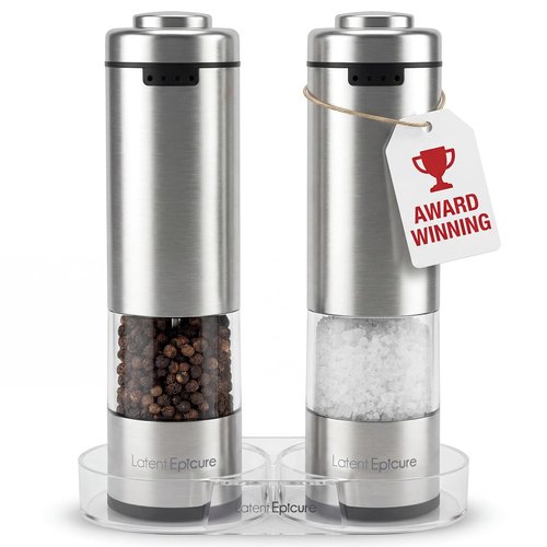 Latent Epicure Electric Salt and Pepper Grinder Set, USB-C Rechargeable Stainless Steel Mills with LED Light, Adjustable Ceramic Grinders and Acrylic Mill Rest Tray