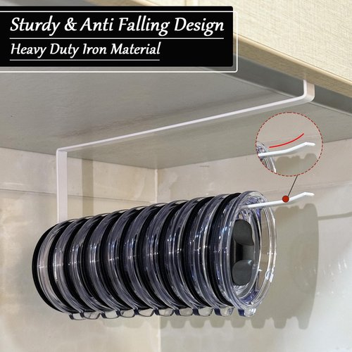 2 Pack Tumbler Lid Organizer for Yeti Tumbler & Stanley Water Bottles, Under Cabinet Cup Lid Holder, Space Saving Horizontal Storage Hook Up to 10 Mug Lids, Kitchen Paper Towel Rack Hanger, White