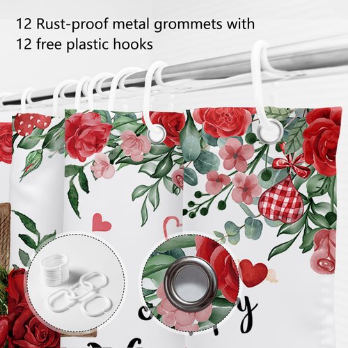 MEHOFOND Happy Valentine's Shower Curtain,Religious Cross Red Roses Heart Shower Curtain for Valentine's Day Bathroom Decor,Valentines Romantic Sweetheart Holiday Bathroom Fabric Curtains 72x72 in