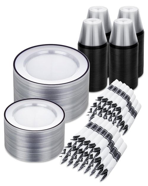 700PCS Clear Black Disposable Plates Set for 100 Guests, 200 Plastic Plates, 100 Plastic Cups, 100 Pre-Rolled Napkins with Cutlery for Party, Christmas, Birthday, Wedding, Thanksgiving, Halloween