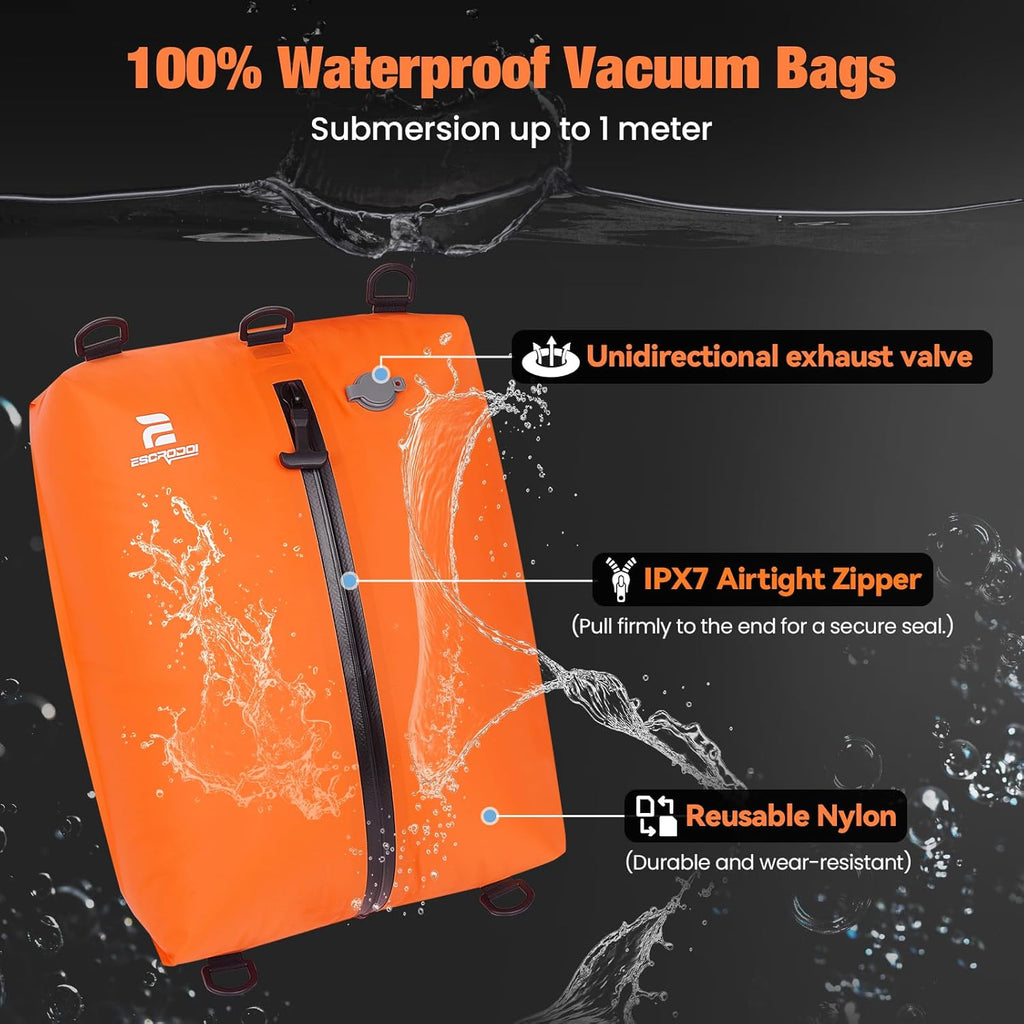 Skiennix Vacuum Bags for Travel - 3-Pack Reusable Compression Bags with Pump | Waterproof Space Saver in Orange
