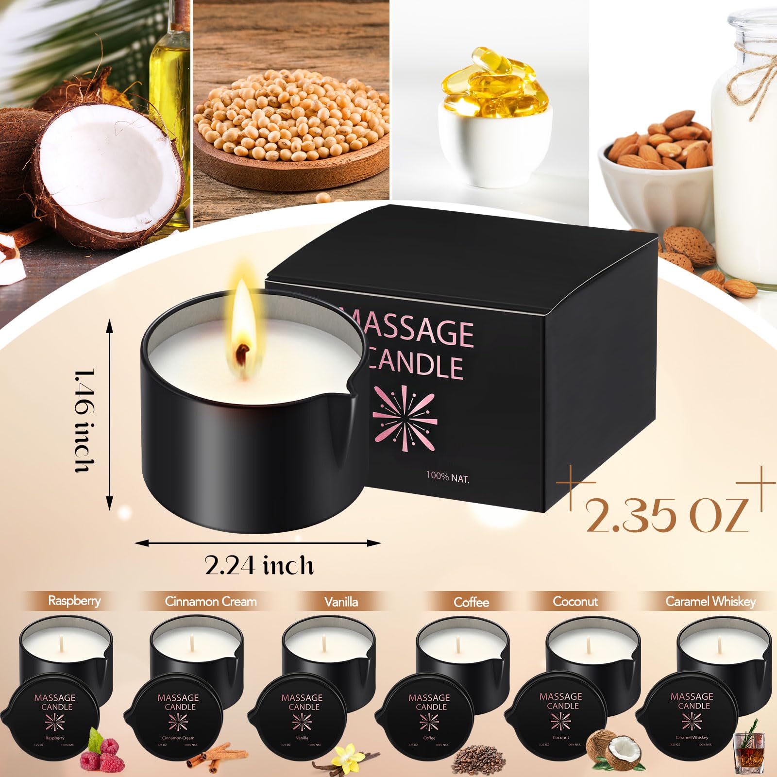 Nuanchu 6 Pcs 2.35 oz Massage Oil Candle, Ignite Low Temp Scented Body Oil Candles for Massage Therapy Soy Based Mother's Day Home Gift Spa Use, 6 Scents
