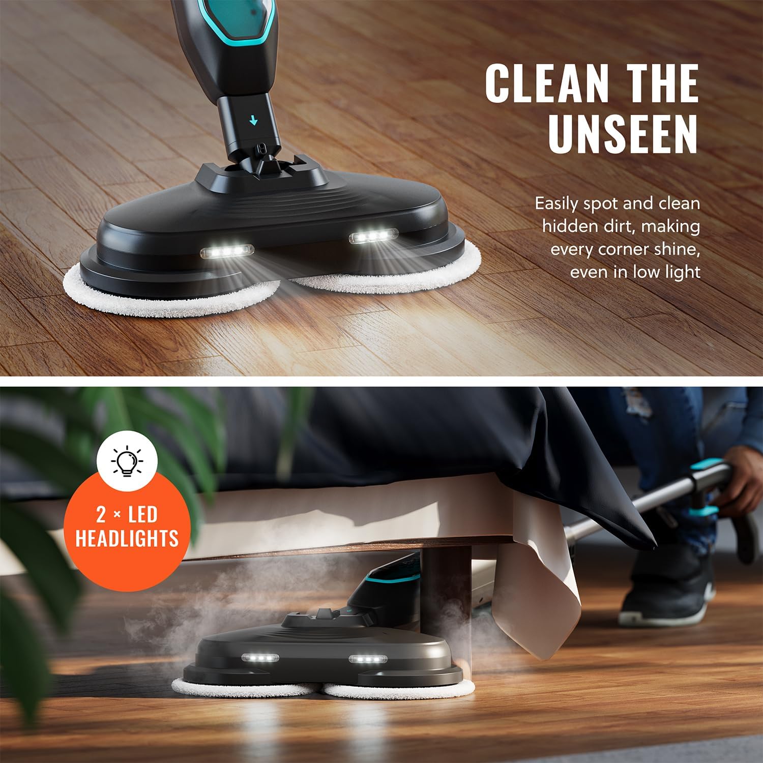 Pursteam | ScrubMaster Steam Mop - Dual Scrubbing Head, LED Lights & Adjustable Steam Control