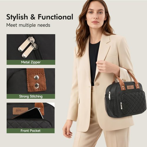 Buringer HOMESPON Lunch Bag for Woman Man Adults with Front Pocket Insulated Lunch Tote Lunch Box Container for Work Picnic or Travel (Black with Side Pockets)