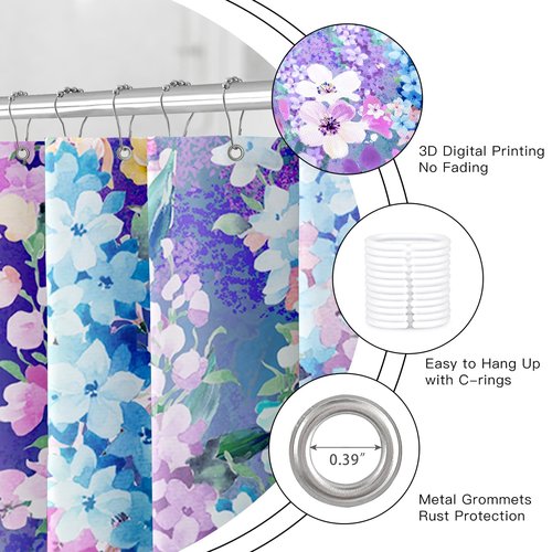 BayNook Purple Floral Shower Curtain, Cute Colorful Flower Fabric Shower Curtains for Bathroom, Pretty Funky Watercolor Cloth Shower Curtain Set Trendy Waterproof Bath Curtain 72x72
