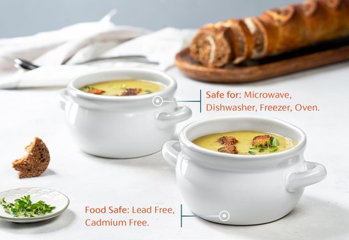 KooK French Onion Soup Crocks with Handles, Ceramic, Dishwasher, Microwave, Oven & Broil Safe, White Set of 4, 18 oz