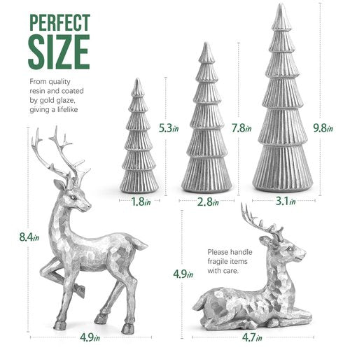 Hommtina Reindeer Christmas Decoration and Mini Christmas Trees,Christmas Reindeer Statues Lucky Reindeer Decor for Indoor Home Decor Tabletop Mantle Cabinet Desktop Office (Bright Silver)