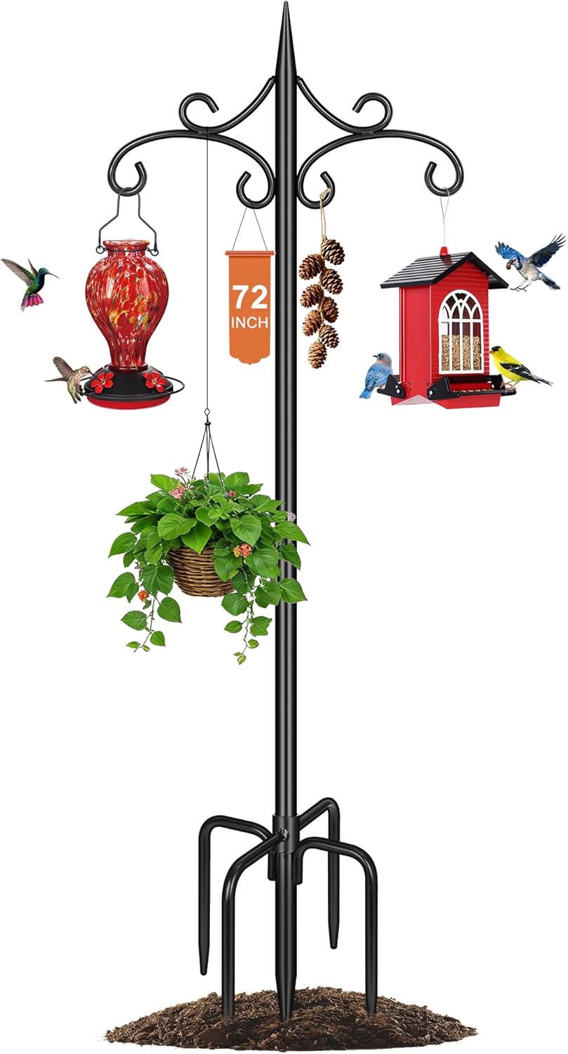 Skiennix Heavy Duty Double Shepherd Hooks - 72-Inch Adjustable Metal Bird Feeder Pole for Outdoor Use | 5-Prong Base
