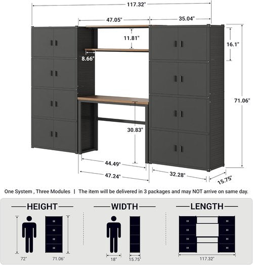 FLEXIMOUNTS Garage Storage Cabinet System - 3-in-1 Modular Metal Tool Cabinet with Workbench & Pegboard | 117" Black, 24-Gauge Steel