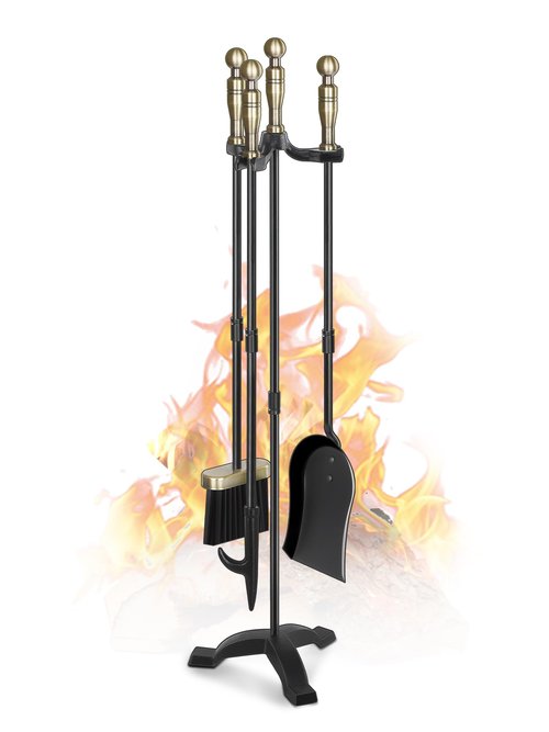 Gtongoko Fireplace Tools Set 4 Pcs 30 Inch Brass Handles Wrought Iron Large Fire Tool Set for Outdoor/Indoor Include Chimney Poker, Antique Shovel, Rustic Brush and Stand Accessories Set