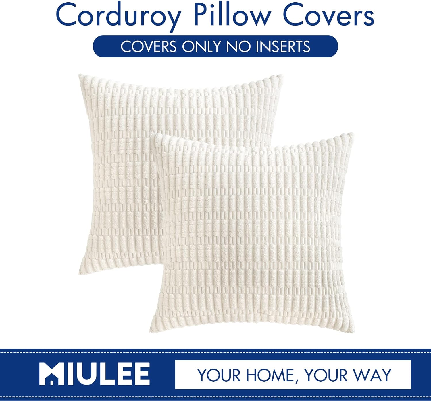 MIULEE Euro Sham Pillow Covers - Soft Corduroy Boho Striped Design | 24x24 Inch Pure White for Modern Home Decor