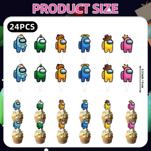 25Pcs Among Game Birthday Party Supplies Pack Includes 1 Cake Topper 24 Cupcake Toppers for Among Game Party Supplies