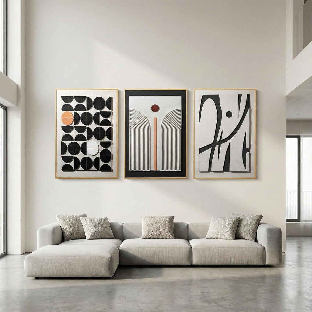 Skiennix 3D Textured Framed Abstract Wall Art - Modern Boho 3-Piece Set for Living Room | 24x36 In