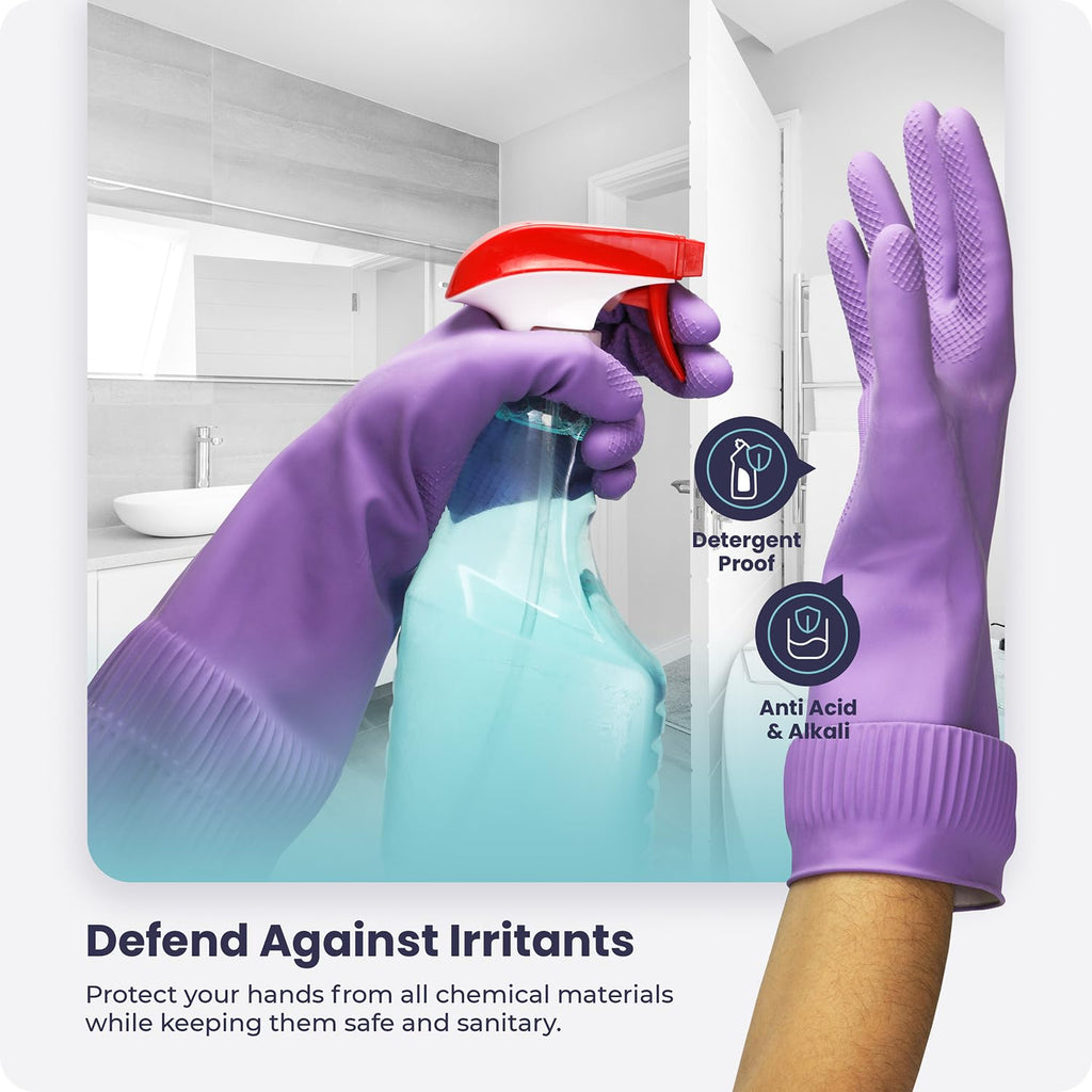 FMP Brands 3 Pairs 15 Inch Extra Long Rubber Dishwashing Gloves - Non-Slip for Cleaning, Kitchen, Bathroom, Gardening (Medium, Purple)