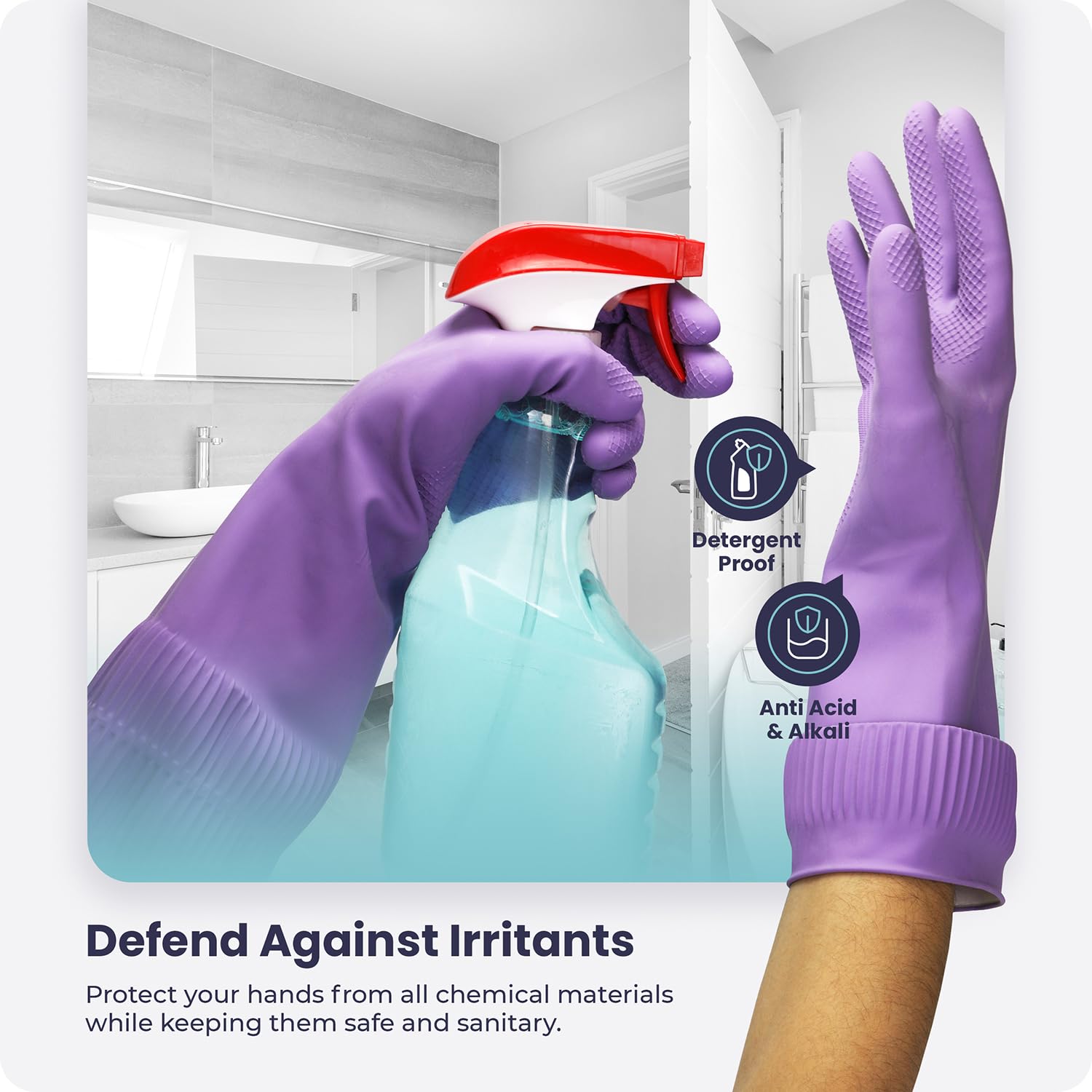 FMP Brands 3 Pairs 15 Inch Extra Long Rubber Dishwashing Gloves - Non-Slip for Cleaning, Kitchen, Bathroom, Gardening (Medium, Purple)