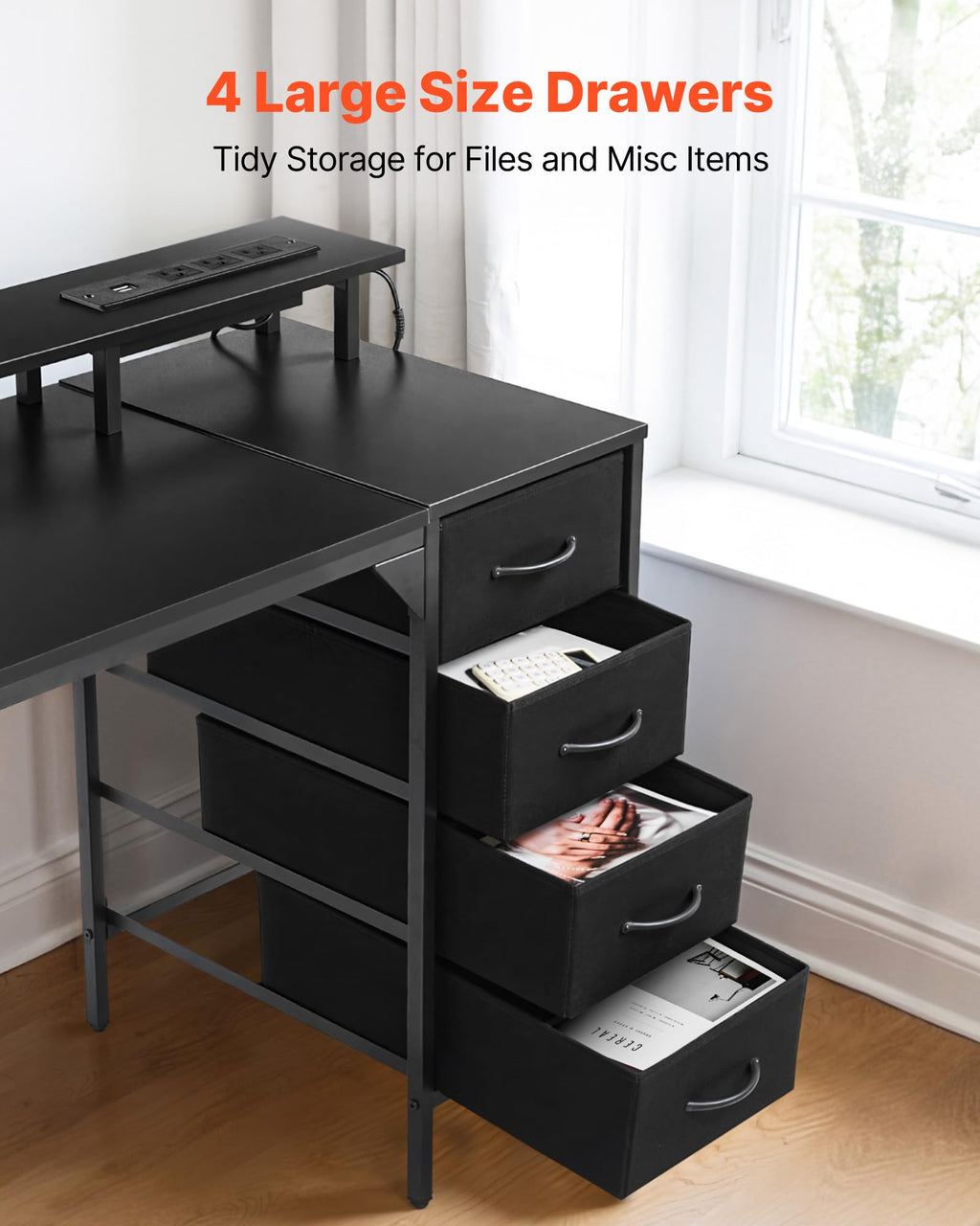 VEVOR 47" Computer Desk with LED Lights & Power Outlets, Gaming Table with 4 Large Drawers, Office Desk with Monitor Stand, Study Work Home Office, Small Spaces, Black