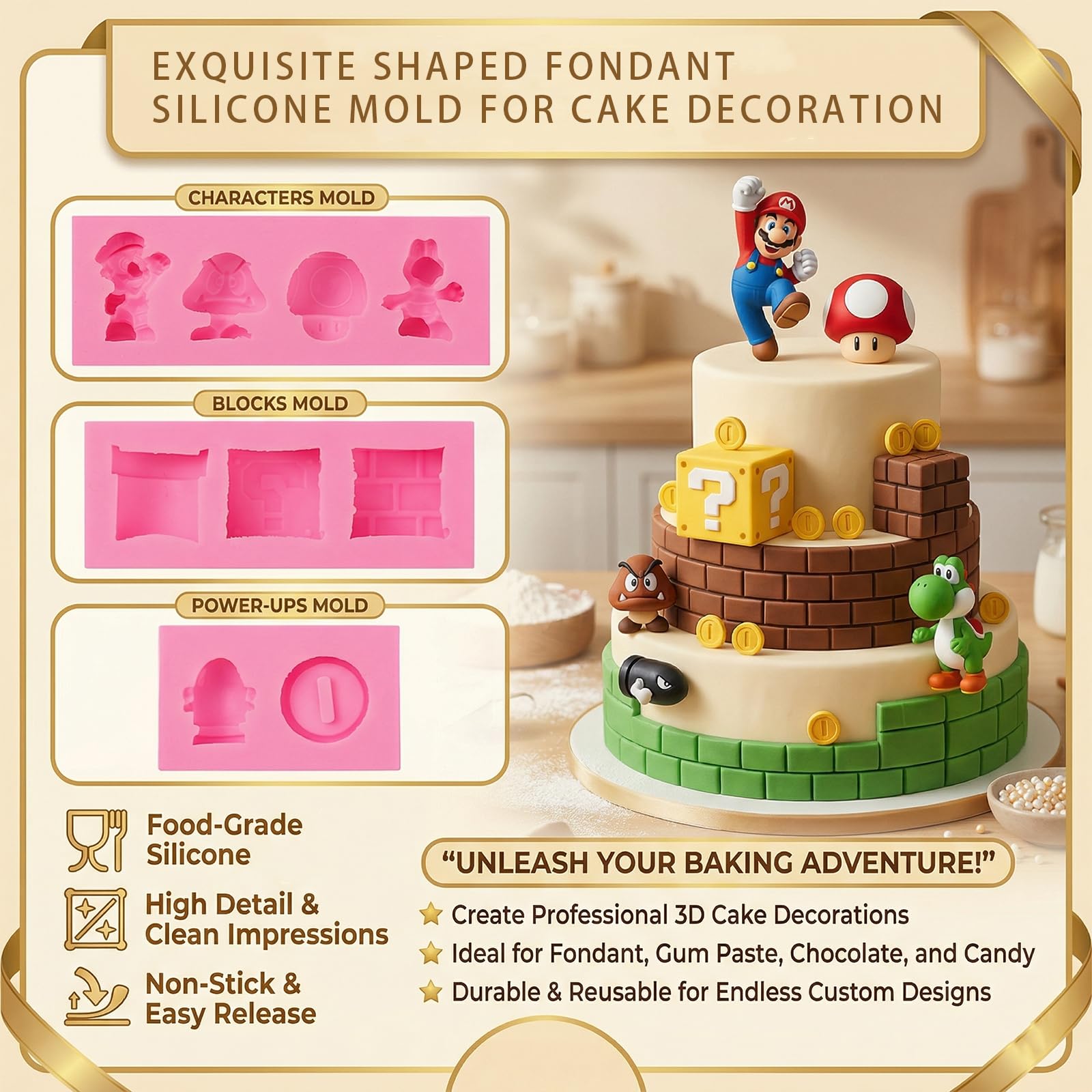 IKOJING Super Cube Chocolate Silicone Mold 3 pcs, Mushroom Dragon Gold Coin Cake Decoration Fondant Molds, for DIY Ice Cubes, Candies, Cupcake Toppers, Resin, Clay, Plaster Molds