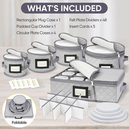 BALEINE Quilted Wine Glass Storage Containers - Sturdy Plate Organizer with Carry Handles | Soft Shell Grey