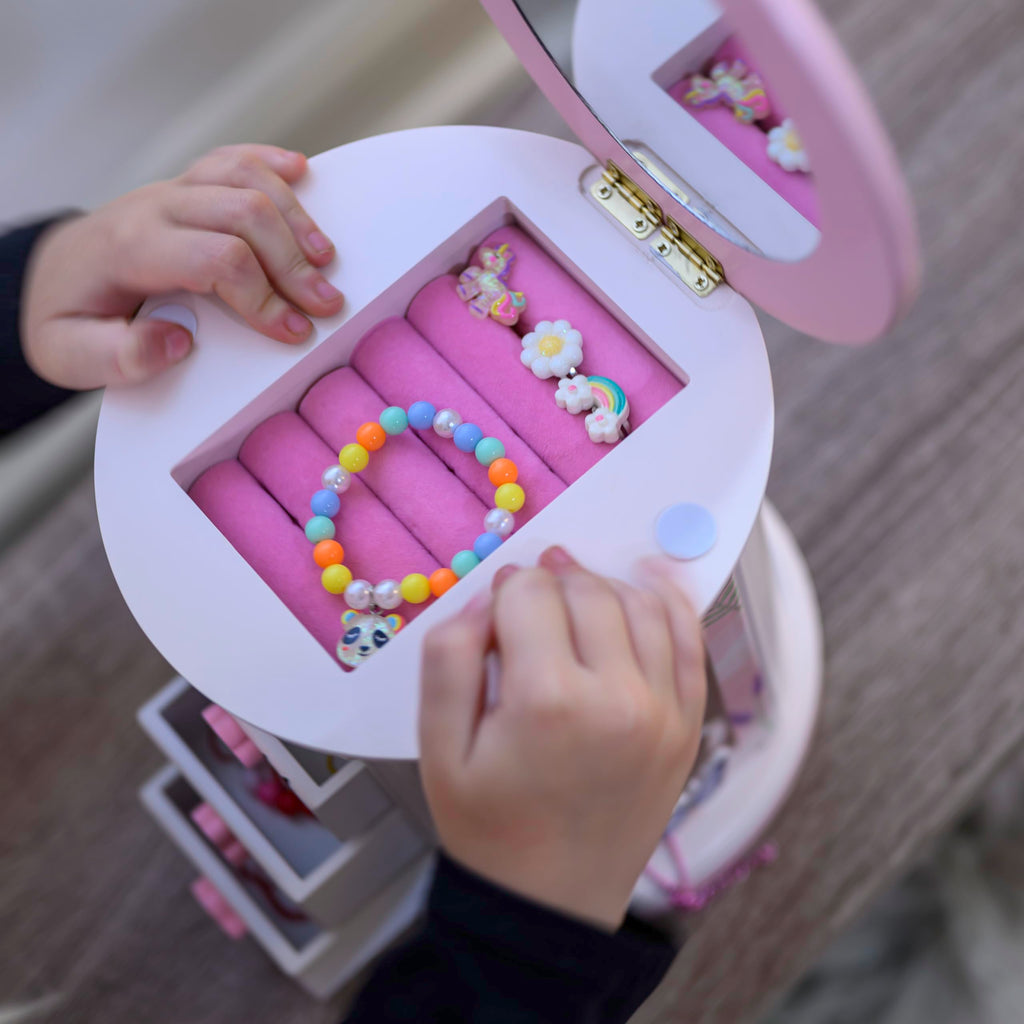 Tiny Gem - Spinning Jewelry Box for Girls Ages 2-18; Little Girl and Toddler Birthday and Christmas Gift; Flower and Butterfly White and Pink Wood Jewelry Box and Organizer; Room Decor for Accessories
