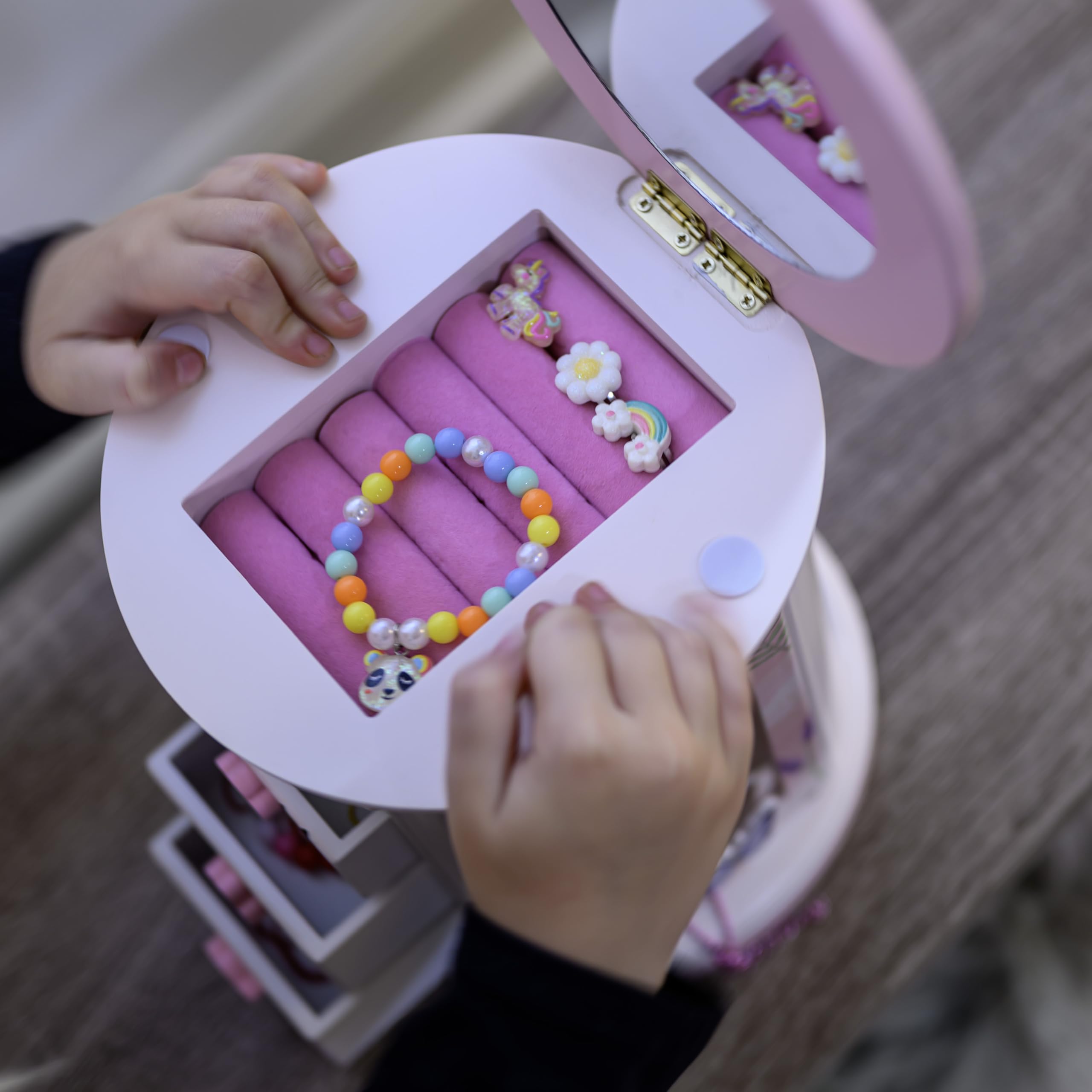 Tiny Gem - Spinning Jewelry Box for Girls Ages 2-18; Little Girl and Toddler Birthday and Christmas Gift; Flower and Butterfly White and Pink Wood Jewelry Box and Organizer; Room Decor for Accessories
