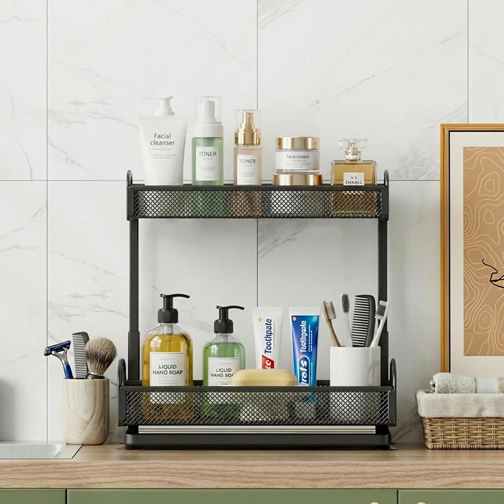 YASONIC Under Sink Organizer - 2 Tier Height Adjustable Metal Cabinet Shelf | Black Storage Solution for Kitchen & Bathroom