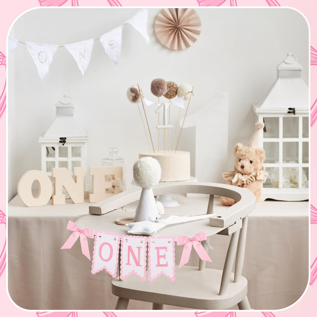 VitalCozy Pink One High Chair Banner for Girls Boys First Birthday High Chair Banner Sweet One Bow Floral Garland 1st Birthday Celebration Decorations (Classic)