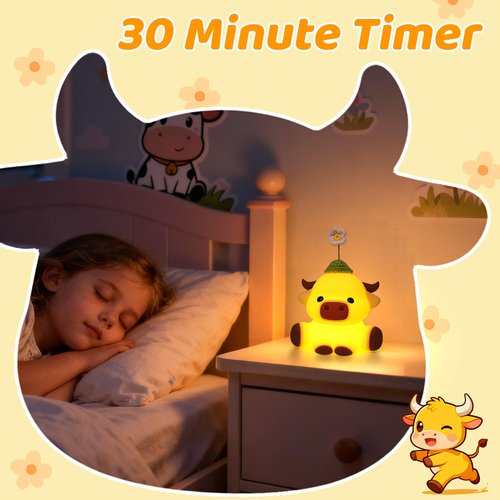 Attivolife Highland Cow Night Light for Kids, Flower Cow Cute Animal Gift Soft Silicone LED Lamp with Dimmable and Timer, Bedroom Bedside Table Decor, Birthday Christmas Gifts for Children Baby