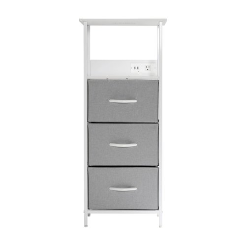 Flash Furniture Sodano 3-Drawer Nightstand with Charging Station, 2 USB Ports, 1 Outlet, Fabric Drawers, Wood Handles, Metal Frame, Gray/White