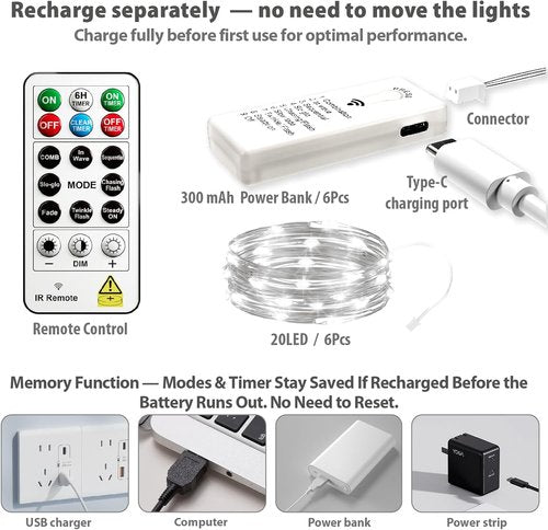 HXWEIYE 6 Pack Rechargeable Fairy Lights - Remote & DIY Timer, 7ft 20LED Twinkle String Lights for Weddings & Home Decor