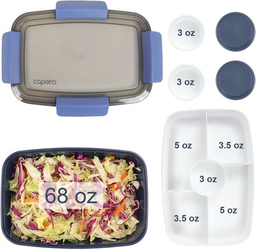 Caperci Large Salad Container Bowl - 68 oz Bento Lunch Box with 5 Compartments & 2 Sauce Cups | Stackable, BPA-Free (Navy)
