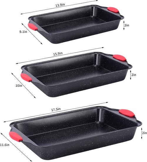Anveena Nonstick Kitchen Oven Baking Pans - Premium Commercial Grade Bakeware with Red Silicone Handles | Easy to Clean Black, 3-Piece Set