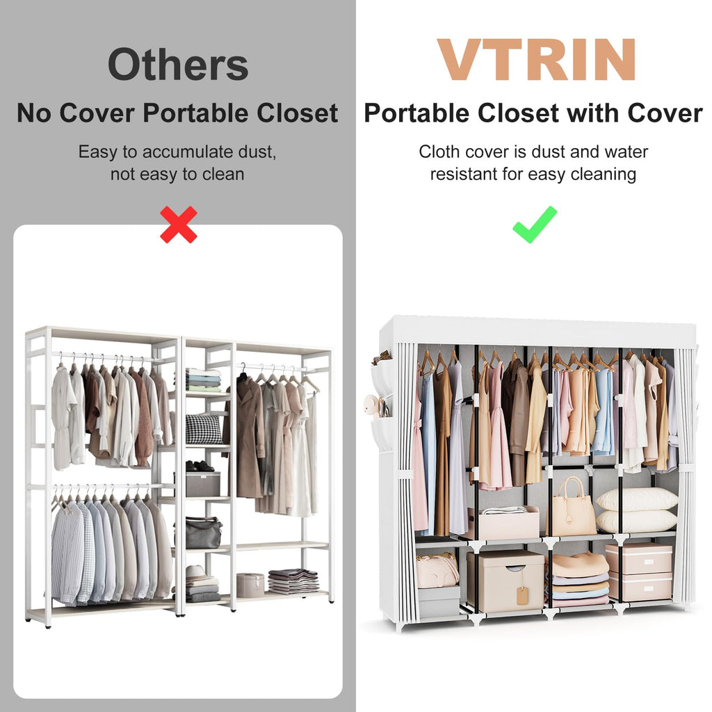 VTRIN Portable Closet for Hanging Clothes 67 Inch Wide Large Capacity Portable Wardrobe Closet with Cover, 4 Storage Shelves and 4 Hanging Rod Sturdy Free Standing Closet for Bedroom, White