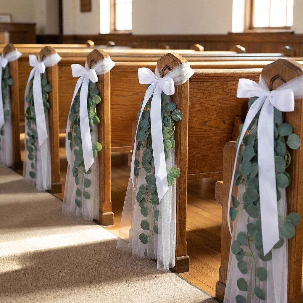 Skiennix Wedding Chair Decorations - 24 White Tulle Sashes with Ribbon Bows & Eucalyptus Vines | Perfect for Aisle & Ceremony
