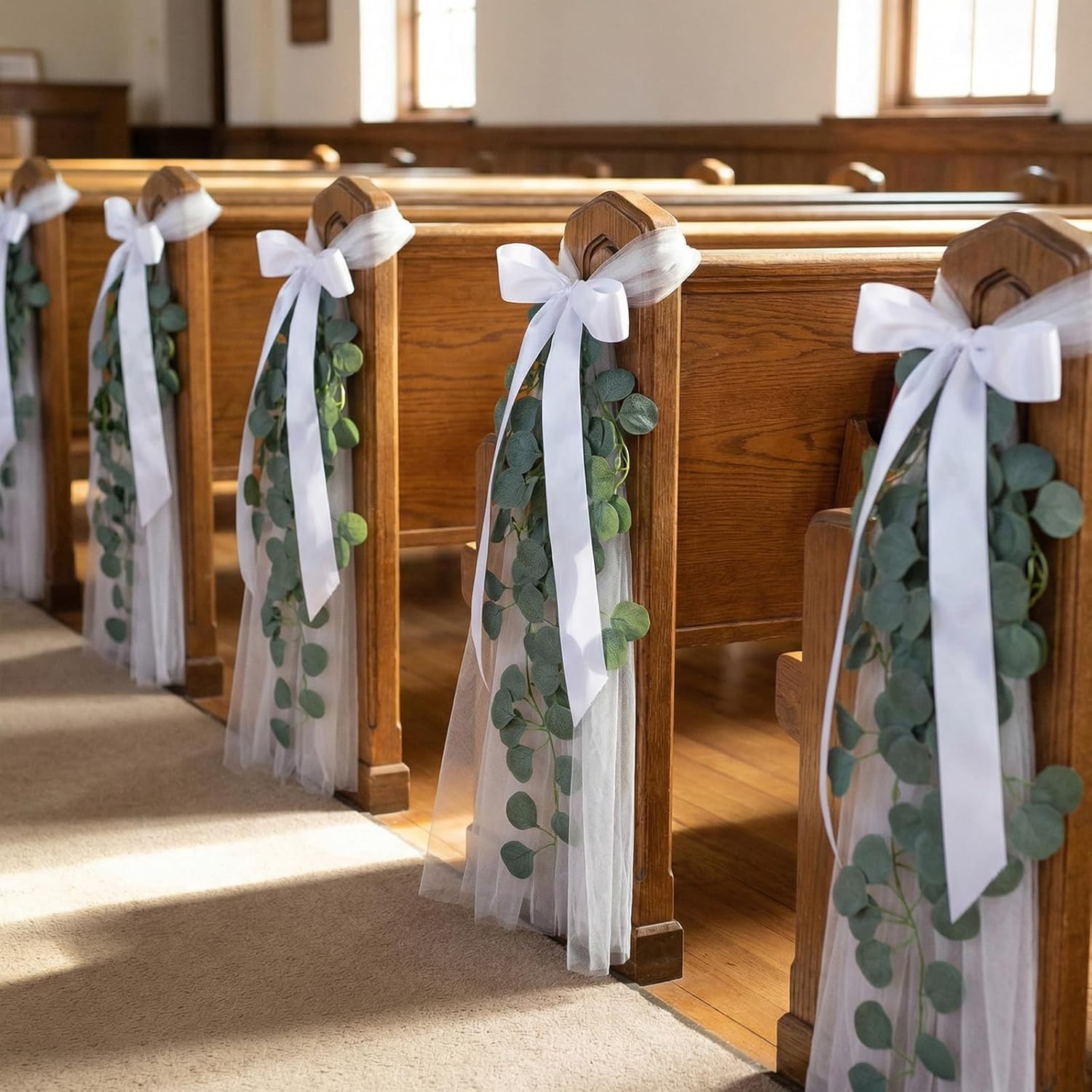Skiennix Wedding Chair Decorations - 24 White Tulle Sashes with Ribbon Bows & Eucalyptus Vines | Perfect for Aisle & Ceremony