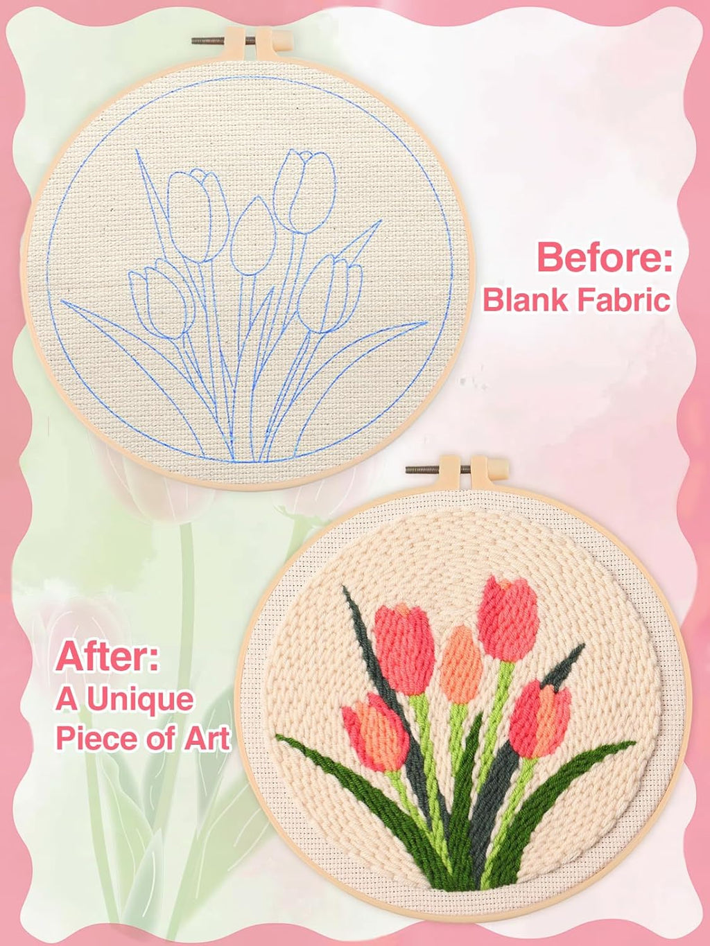 Tulip Punch Needle Kit for Beginners - Step-by-Step Guide, Fabric, Hoop, Needle & Yarns Included