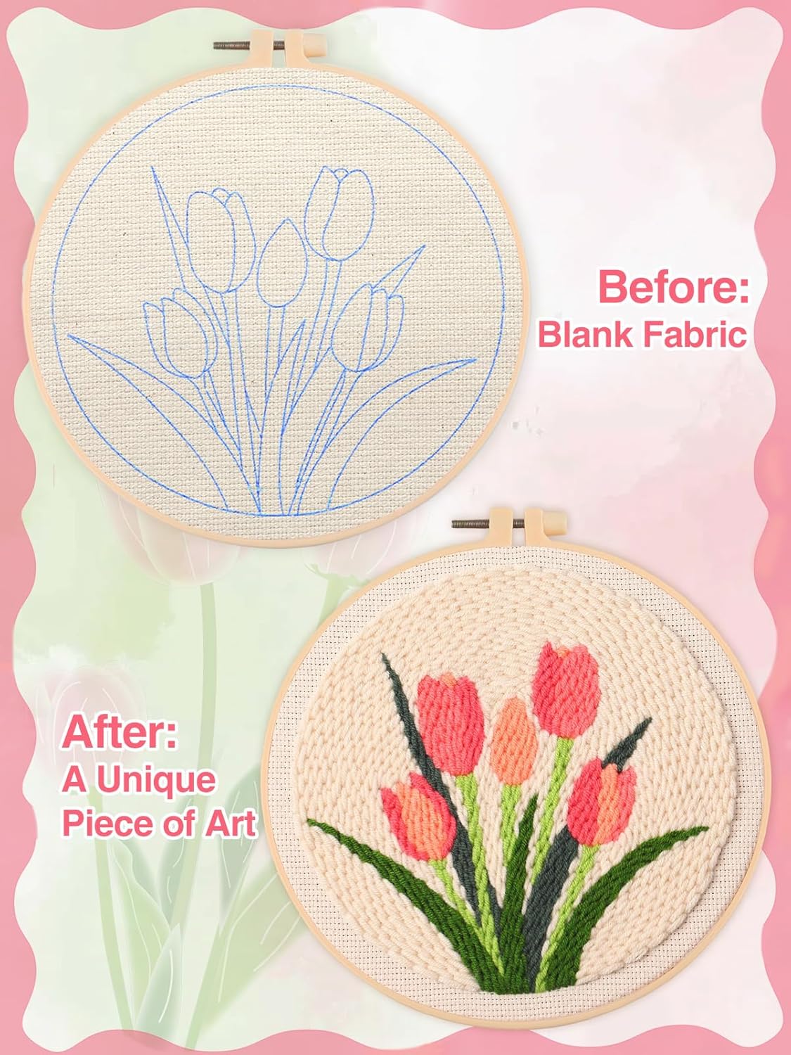 Tulip Punch Needle Kit for Beginners - Step-by-Step Guide, Fabric, Hoop, Needle & Yarns Included