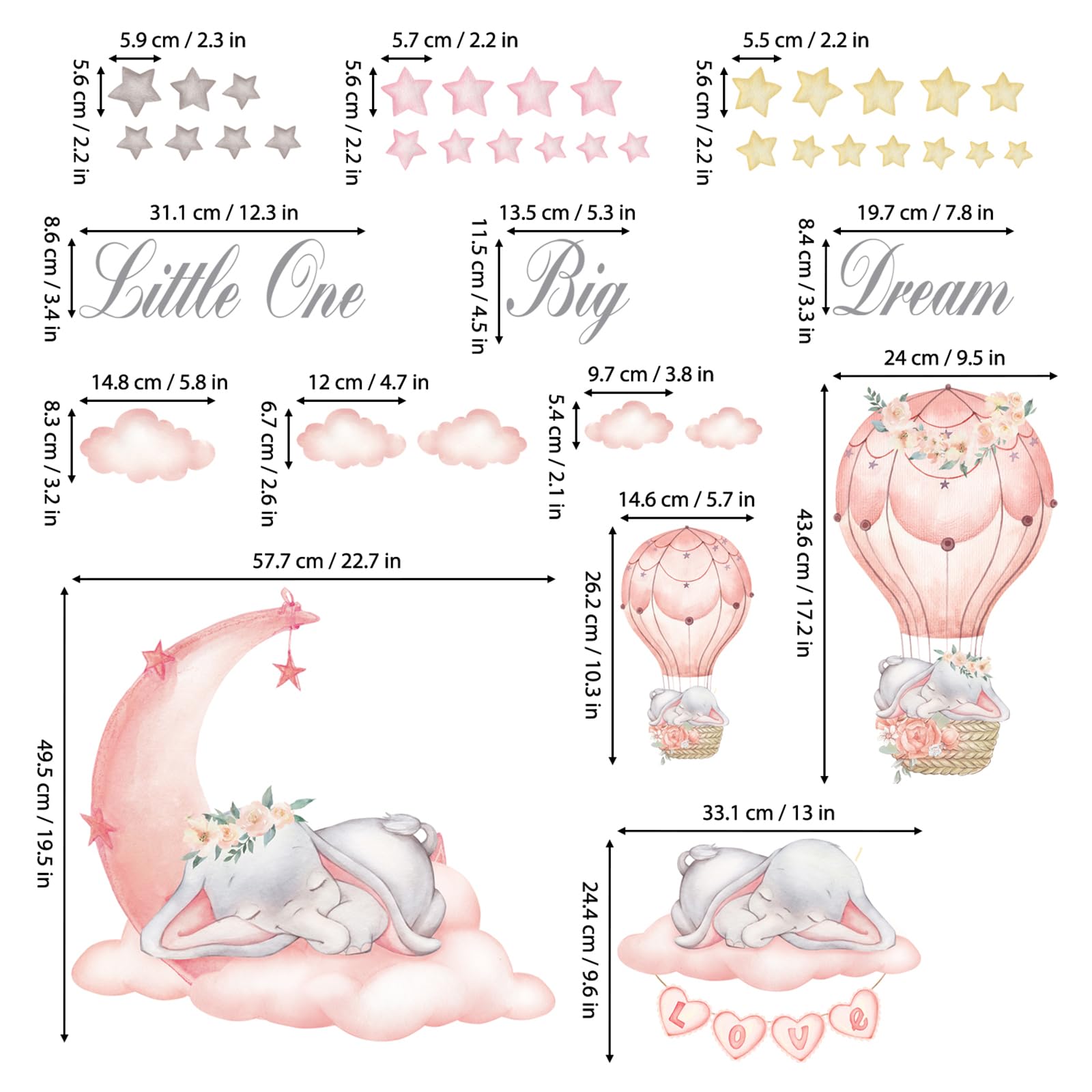 DECOWALL Dream Big Little One Wall Decals – Elephant Moon and Stars Nursery Wall Stickers, Peel and Stick Removable Baby Girl Room Decor for Kids Bedroom (SG-2203)
