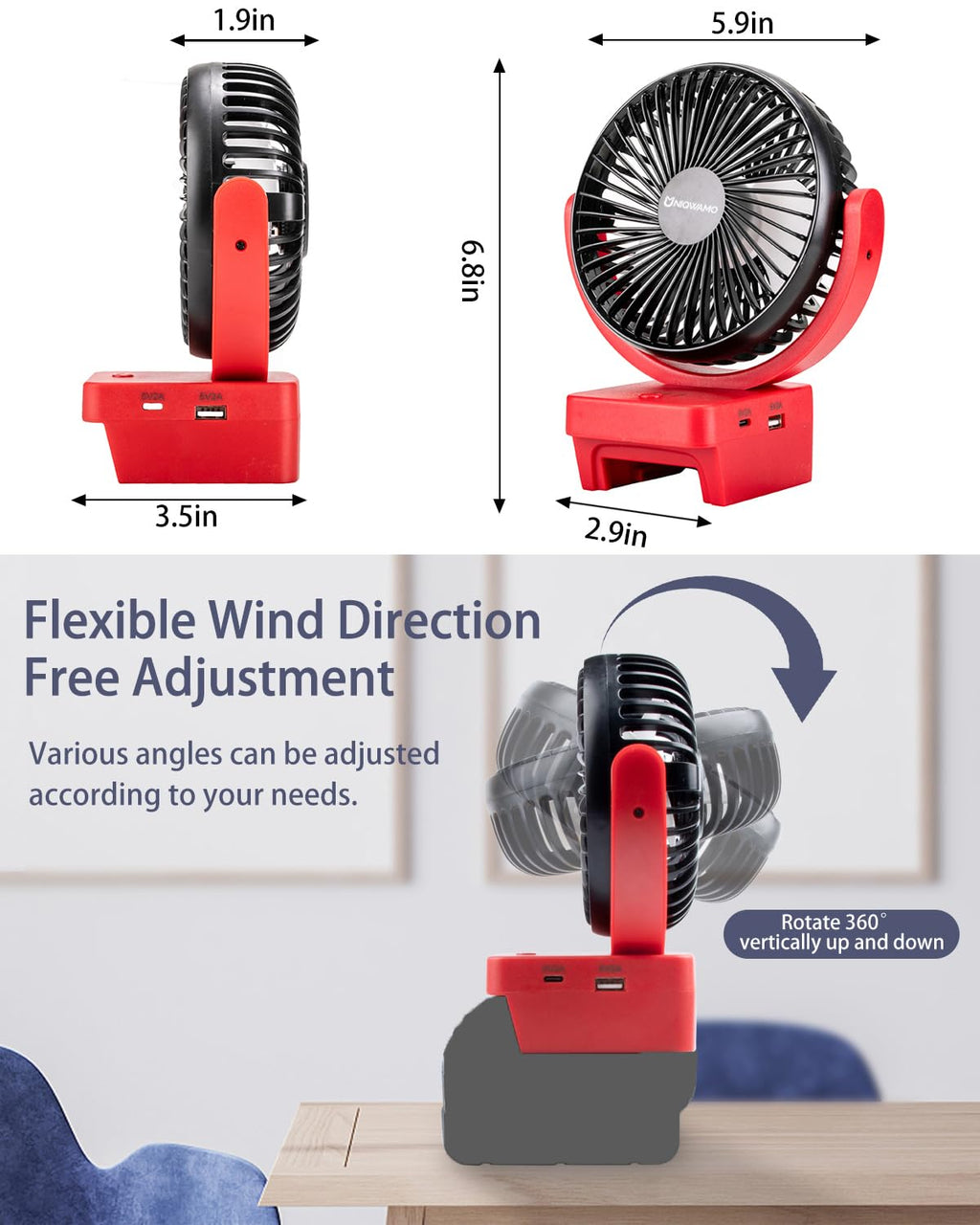 Uniqwamo Portable Rechargeable Fan Compatible for Milwaukee 18V Battery, Jobsite Battery Operated Fan With 3 Speeds Control, USB + Type C