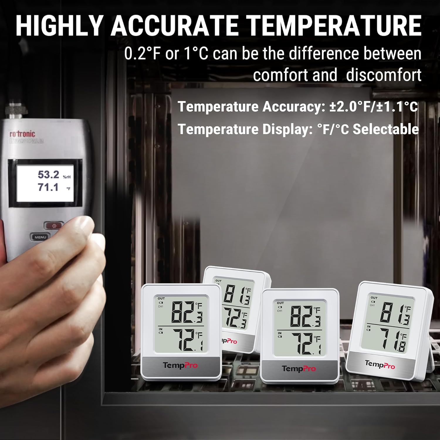 TempPro Wireless Indoor Outdoor Thermometer - 500FT Range Temperature Sensor for Greenhouse, Patio & Home